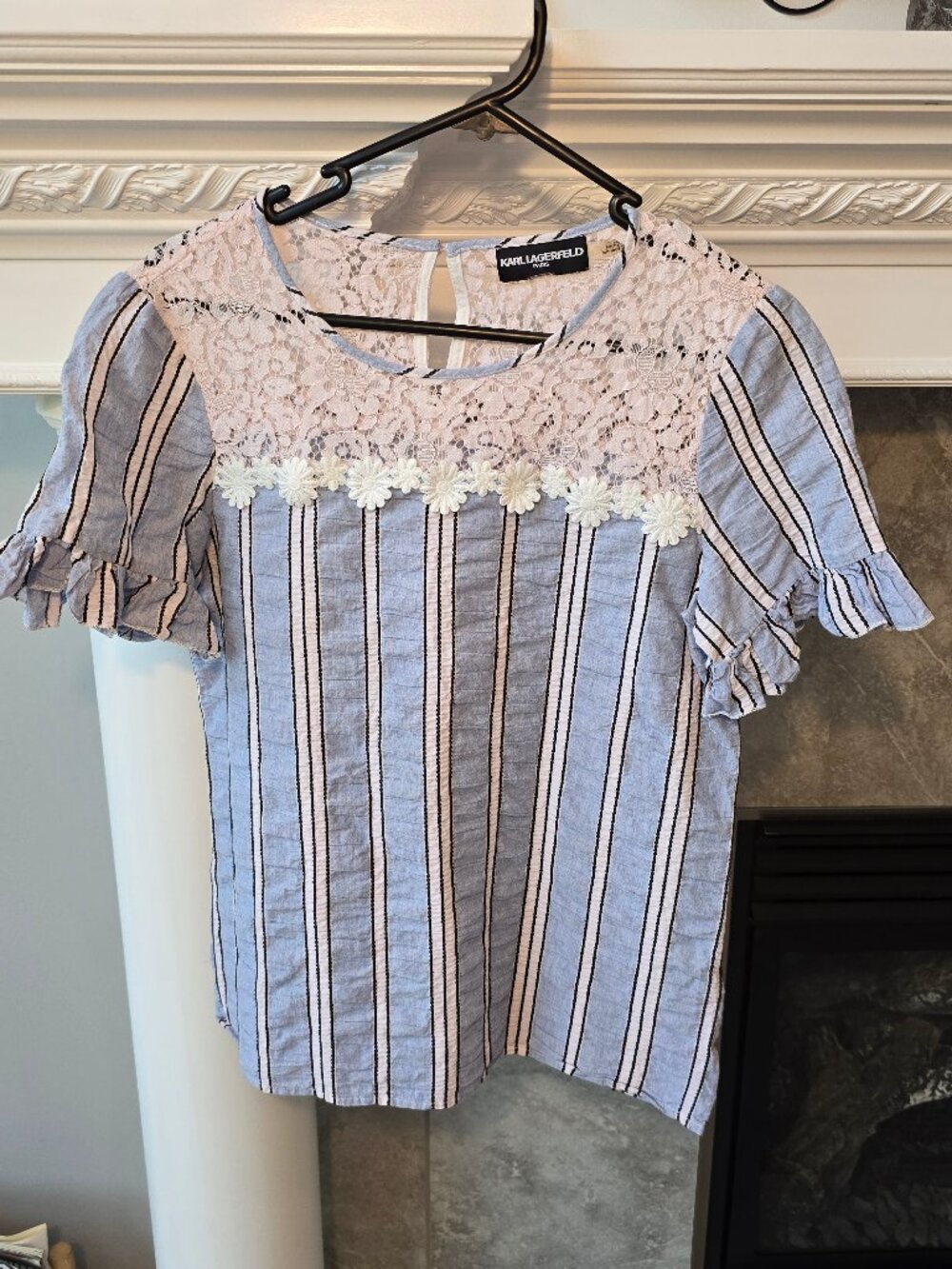 Karl Lagerfeld Paris Blue Striped Lace Yoke Blouse Top no size tag see measureme